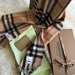 Burberry Camel Plaid Wool Blend Scarf with Black & Red Accents